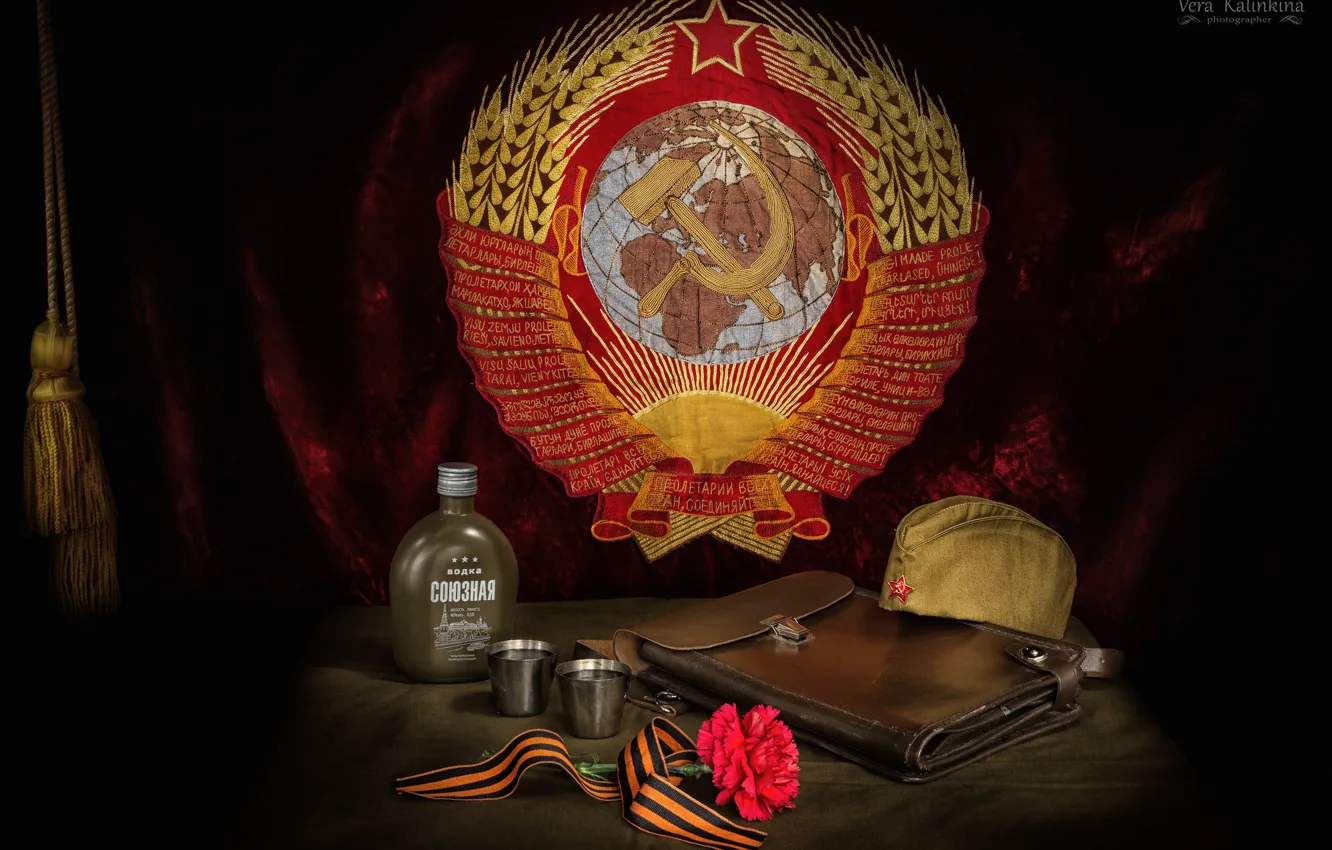 Photo wallpaper victory day, coat of arms, vodka, Victory, May 9, Faith Kalinkina, frontline hundred grams, Narkomovskih …