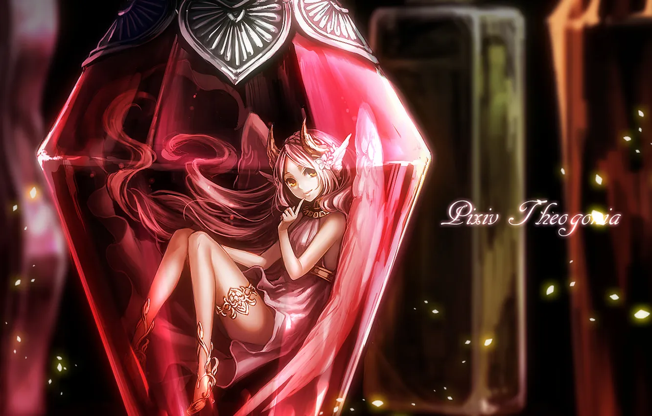 Photo wallpaper girl, smile, wings, horns, bottle