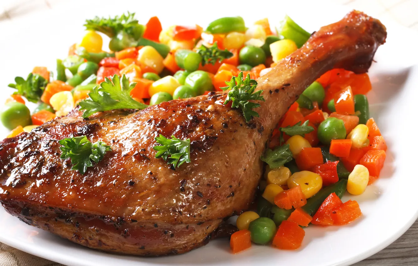 Photo wallpaper chicken, peas, tomato, carrots, peas, peppers, tomatoes, vegetables