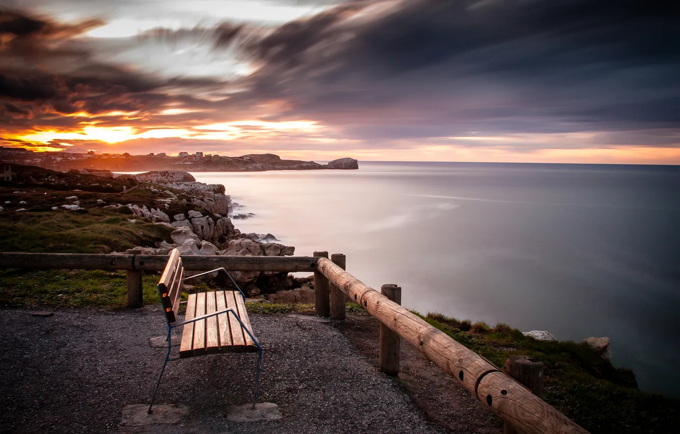 Photo wallpaper sea, sunset, bench, view, the evening, shop, log