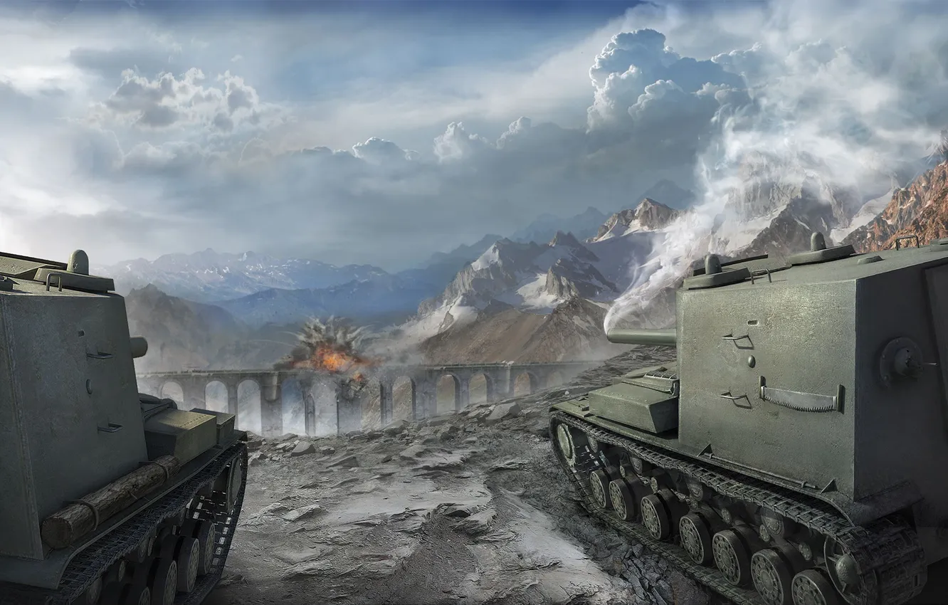 Photo wallpaper the sky, clouds, snow, mountains, the explosion, bridge, lights, flame