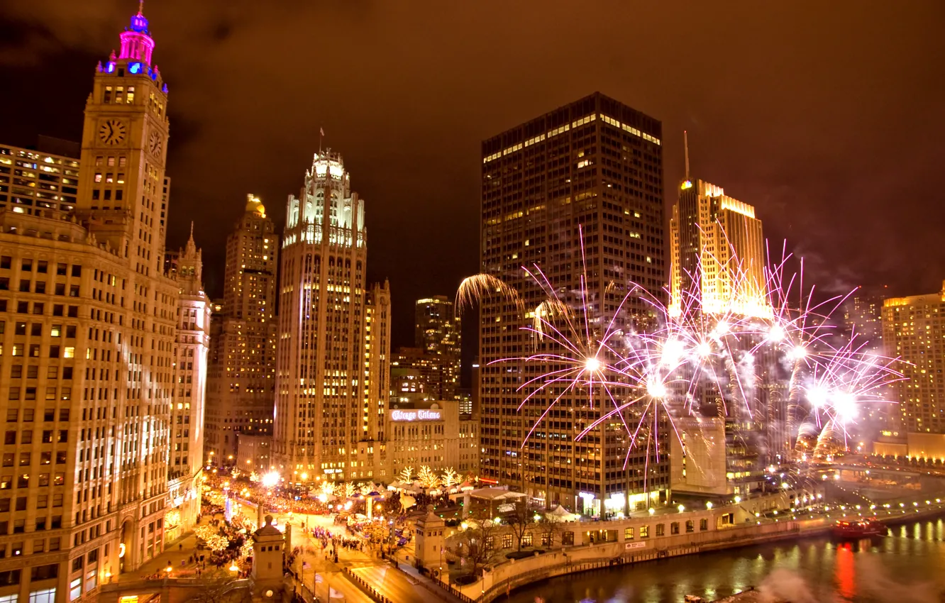 Photo wallpaper road, night, bridge, the city, holiday, Chicago, fireworks, Illinois