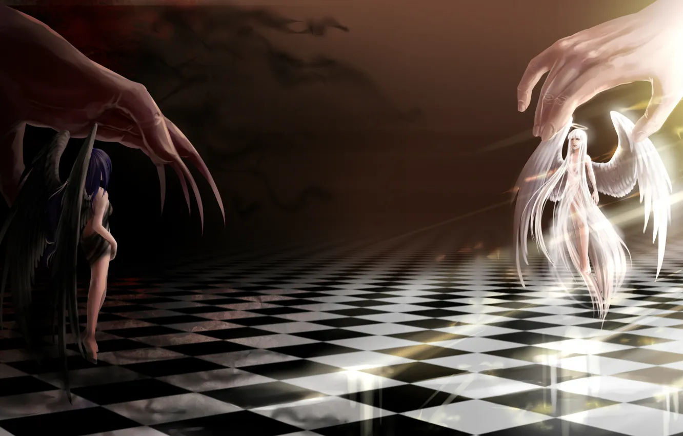 Photo wallpaper fiction, welcome, angel, the demon, art, evil, chess Board