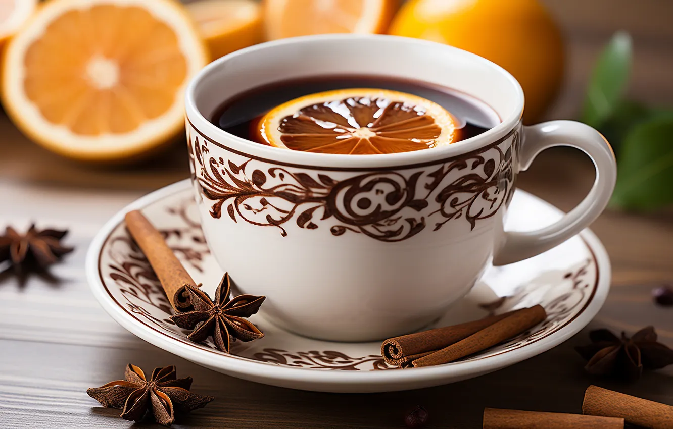 Photo wallpaper table, tea, Board, orange, mug, Cup, cinnamon, saucer