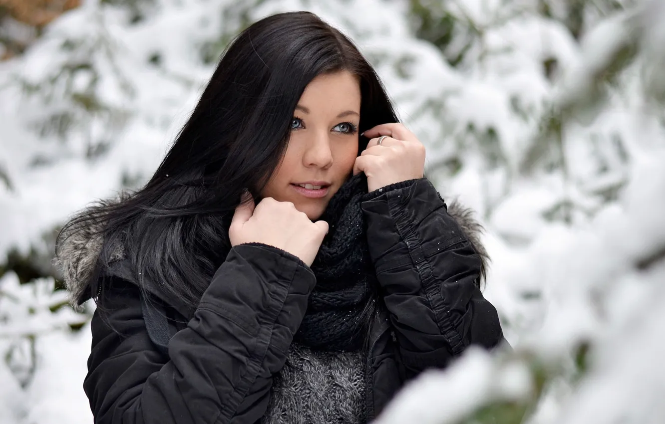 Photo wallpaper winter, forest, girl, snow, black hair, in black