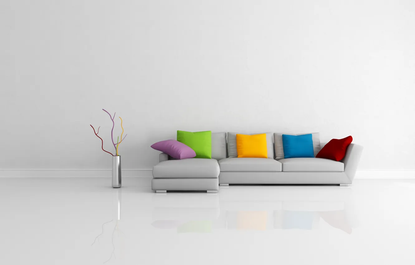 Photo wallpaper reflection, room, sofa, pillow, vase, modern