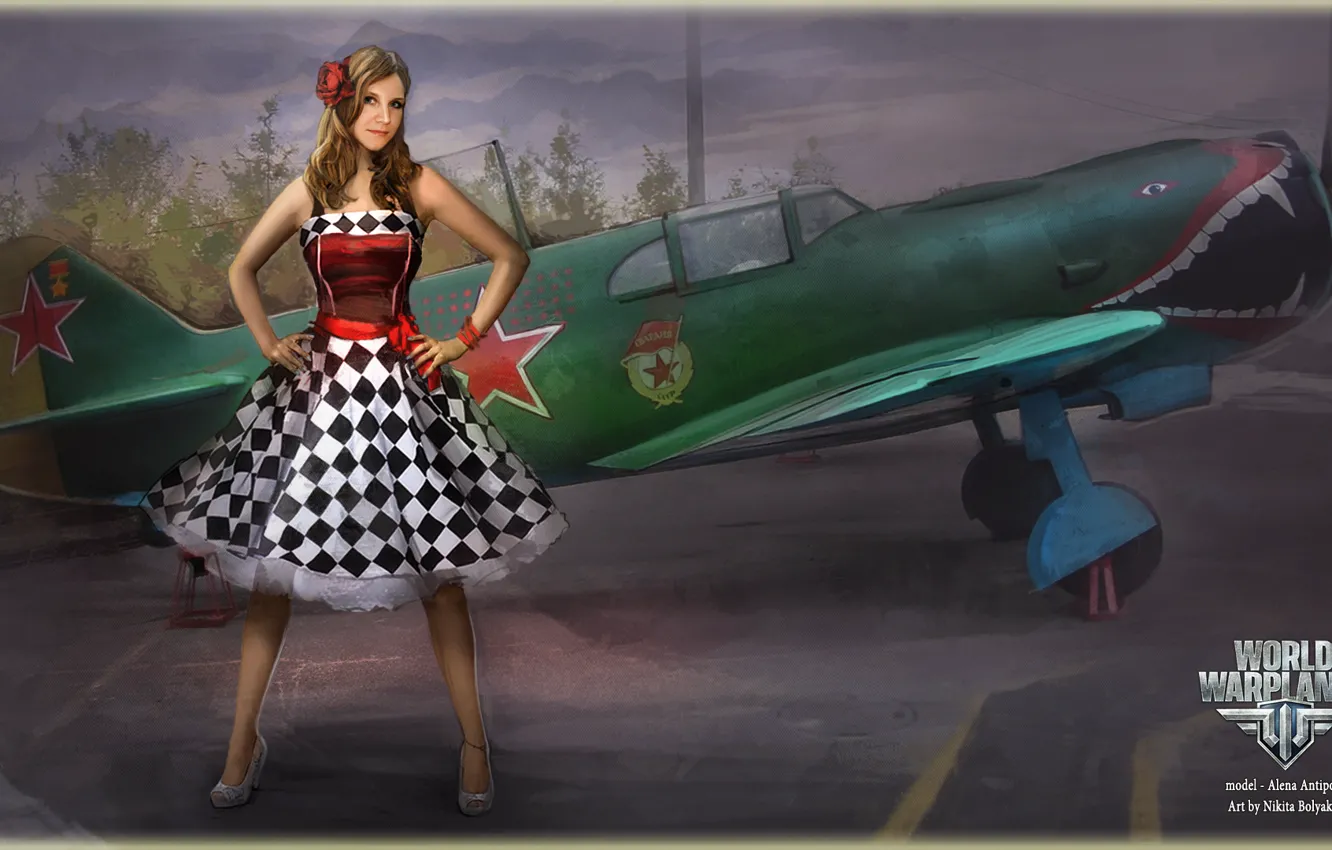 Photo wallpaper girl, stars, girl, the plane, aviation, air, MMO, Wargaming.Net