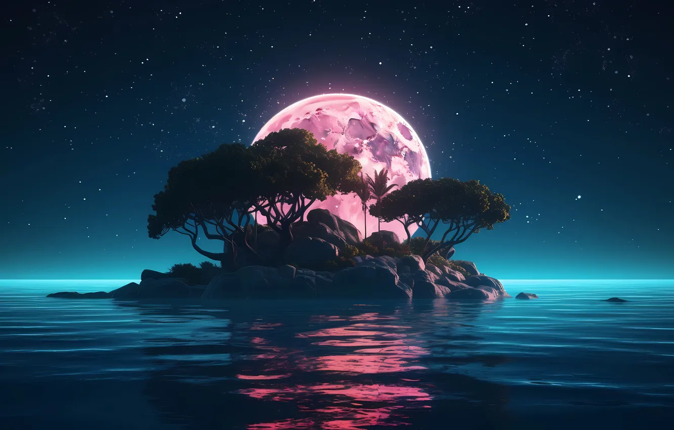 Photo wallpaper sea, water, trees, night, the ocean, the moon, island, moon