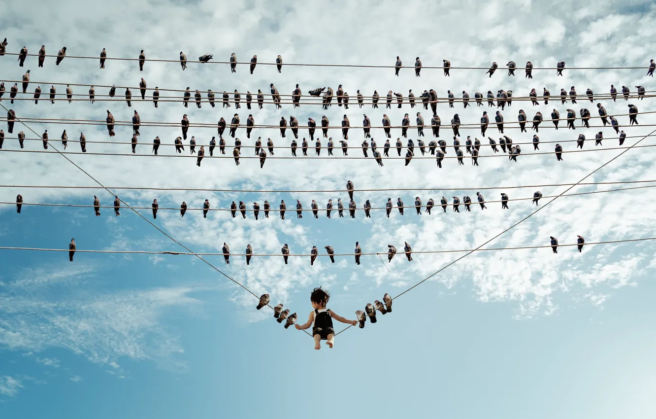 Photo wallpaper the sky, dream, clouds, birds, rendering, fantasy, swing, wire