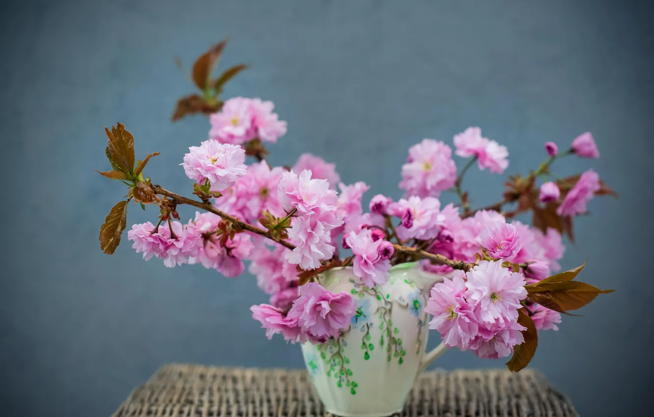 Photo wallpaper flowers, branches, bouquet, Sakura, vase
