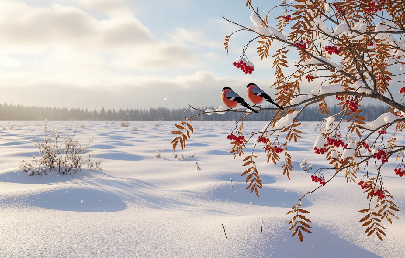 Photo wallpaper field, the sky, the snow, Rowan, Take it off