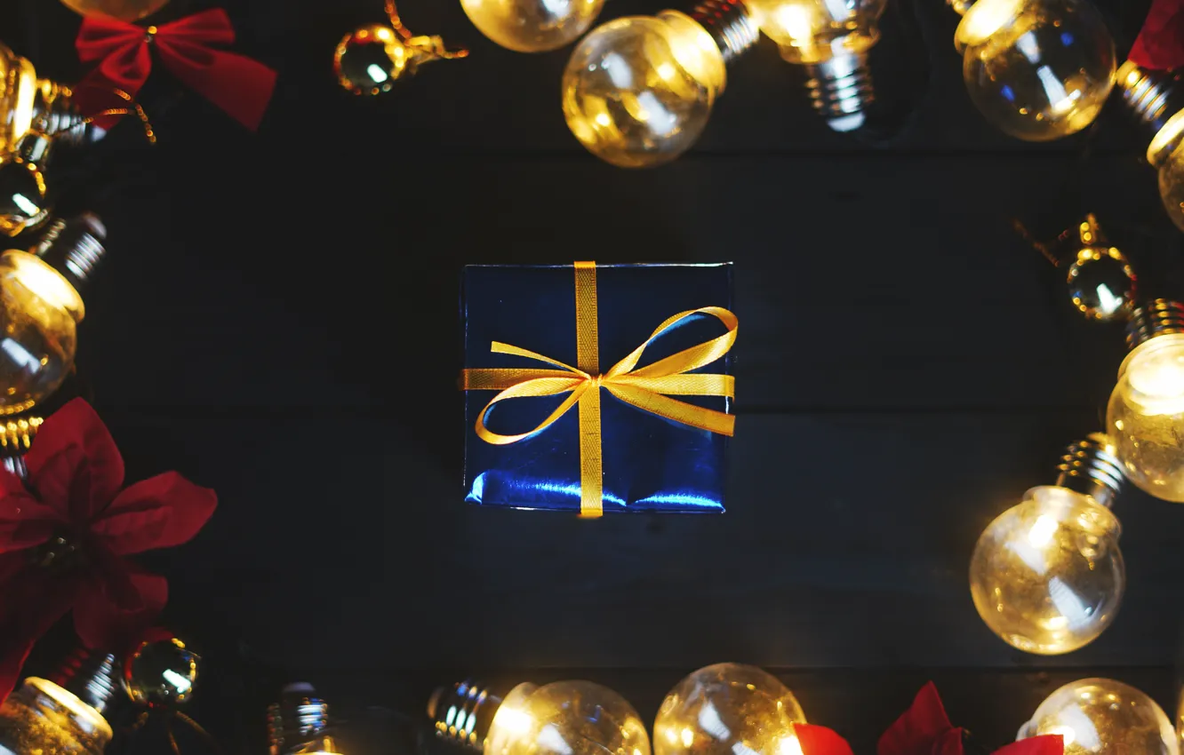 Photo wallpaper decoration, lights, New Year, Christmas, gifts, Christmas, light bulb, wood
