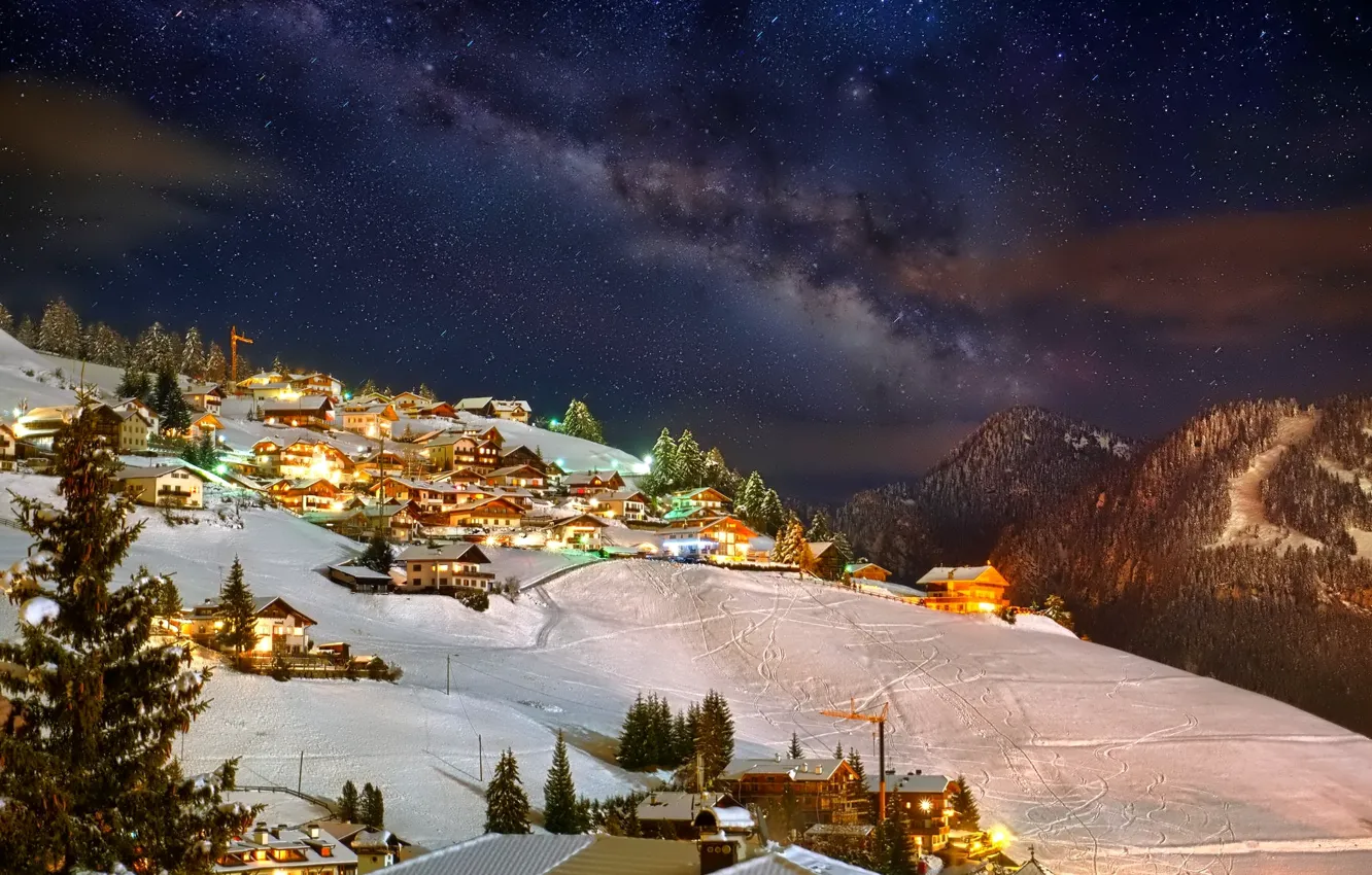 Photo wallpaper winter, the sky, stars, snow, mountains, night, lights, home
