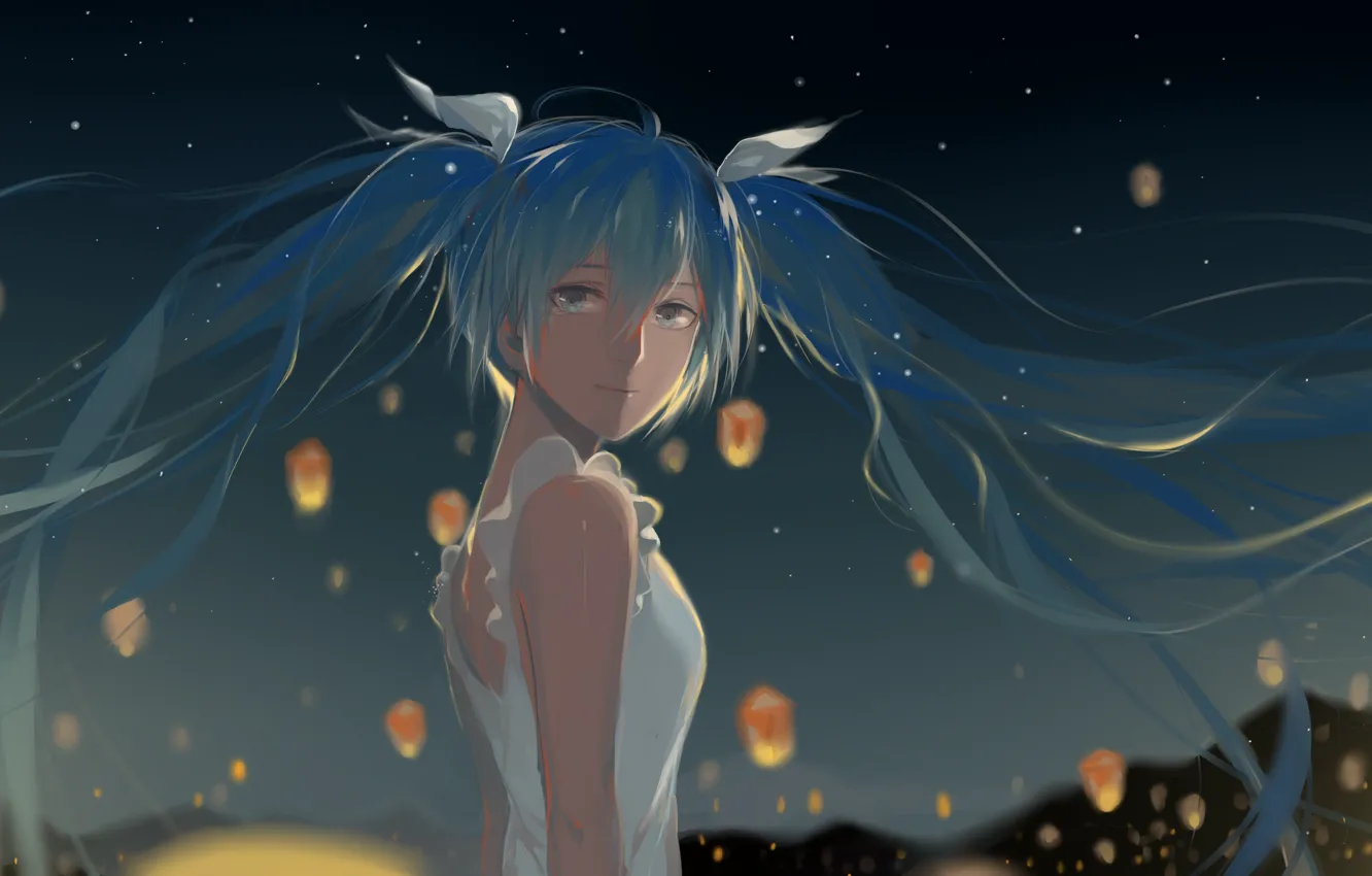 Photo wallpaper girl, art, bows, vocaloid, hatsune miku, lanterns, Vocaloid, rrr