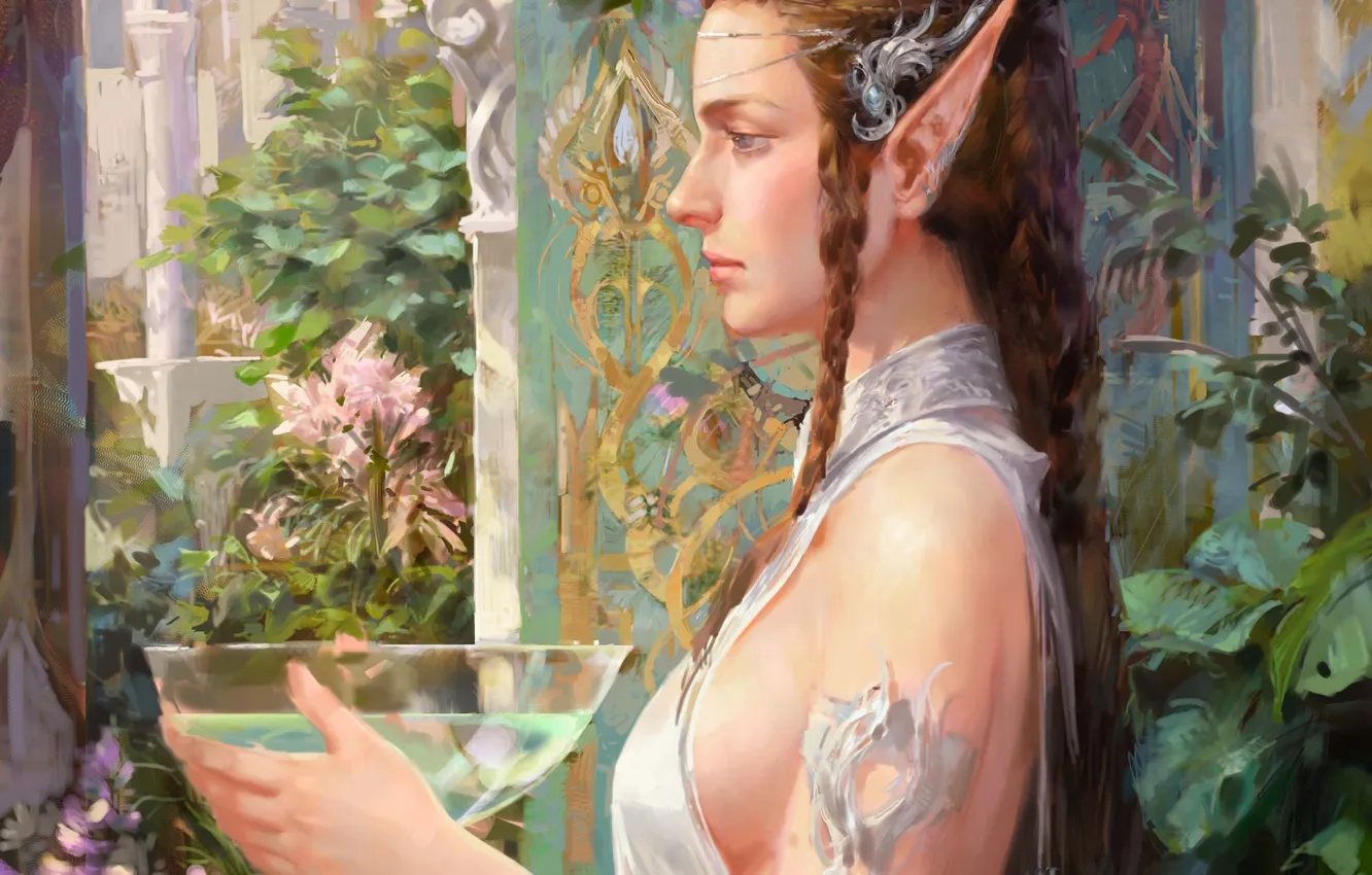 Photo wallpaper girl, bowl, art, profile, drink, elf