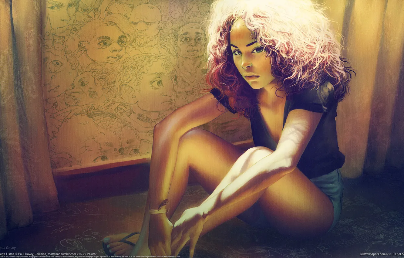 Photo wallpaper girl, the sun, rays, face, wall, figure, sitting, Paul Davey