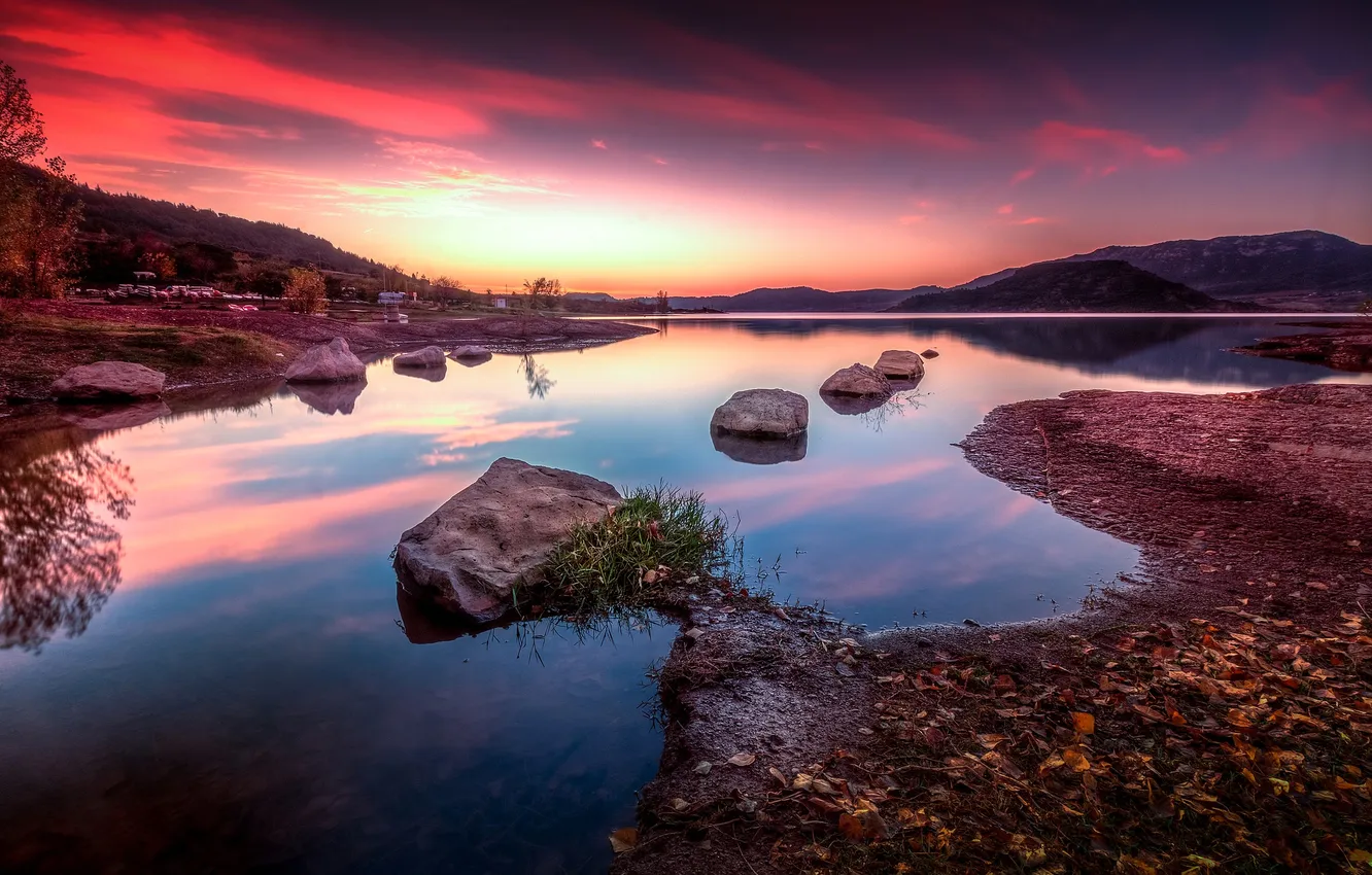 Photo wallpaper mountains, lake, France, glow, Selle, Languedoc-Roussillon