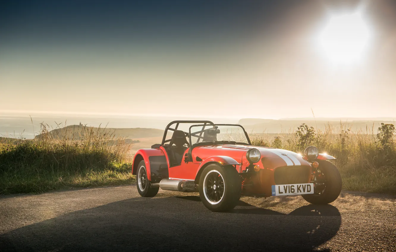 Photo wallpaper machine, the sky, grass, asphalt, lights, sports car, Seven, the front