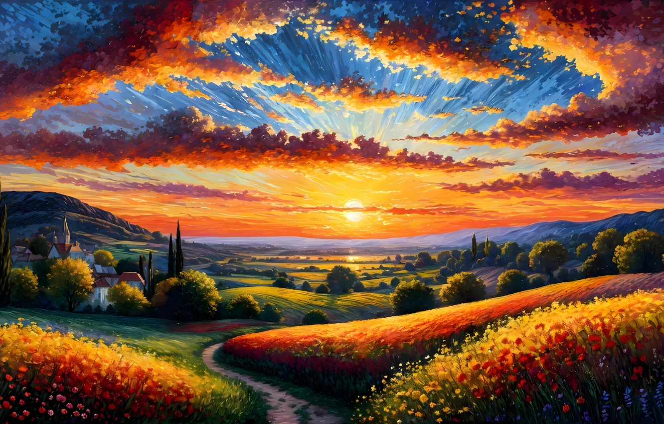 Photo wallpaper field, clouds, trees, dawn, digital art, AI art, The Art of Artificial Intelligence, neural network