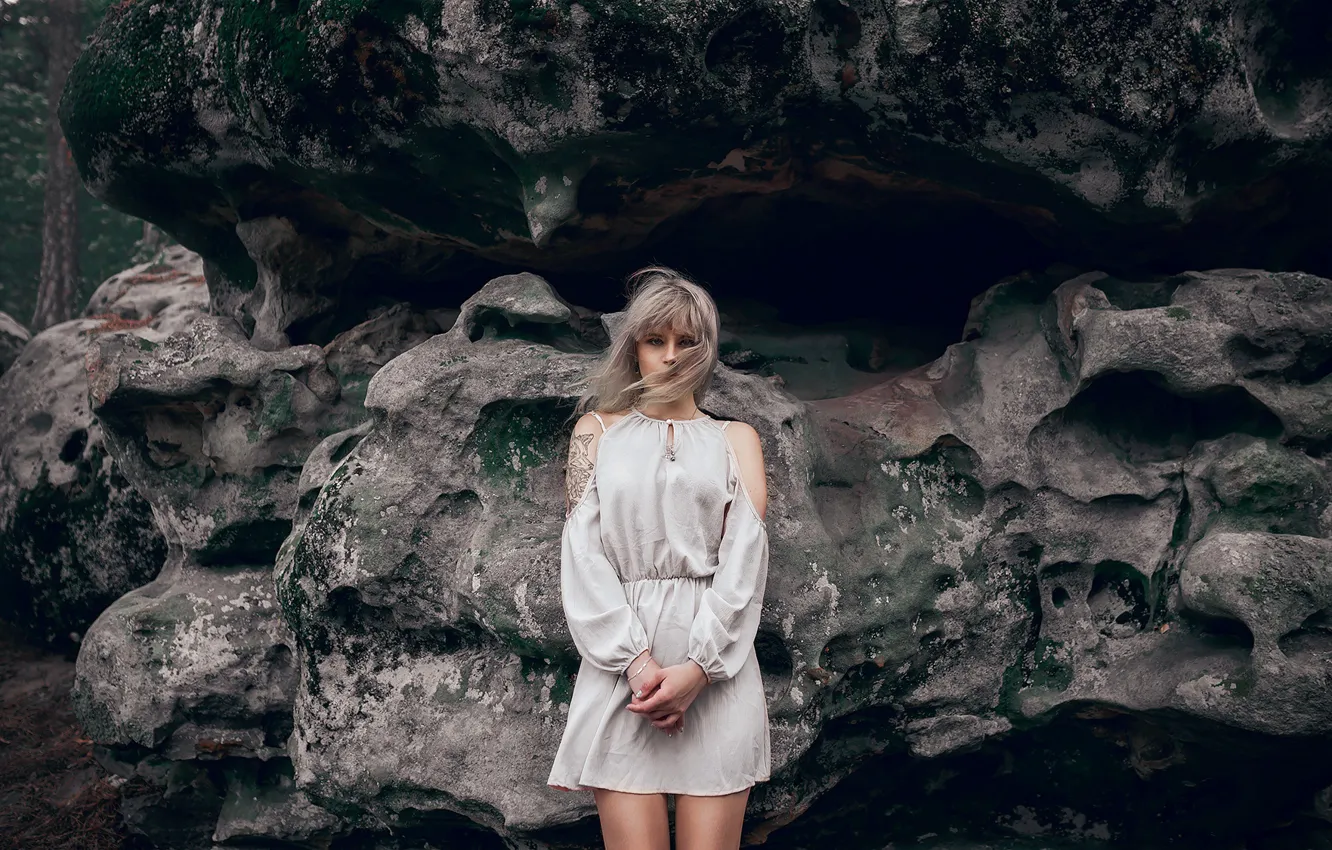 Photo wallpaper girl, stones, the wind, tattoo, legs, Michael Flight, Angelica Fox