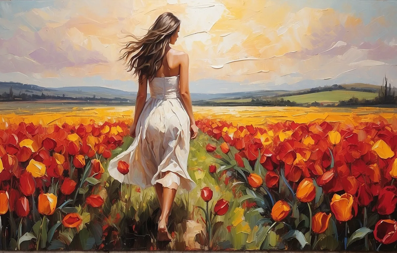 Photo wallpaper field, girl, flowers