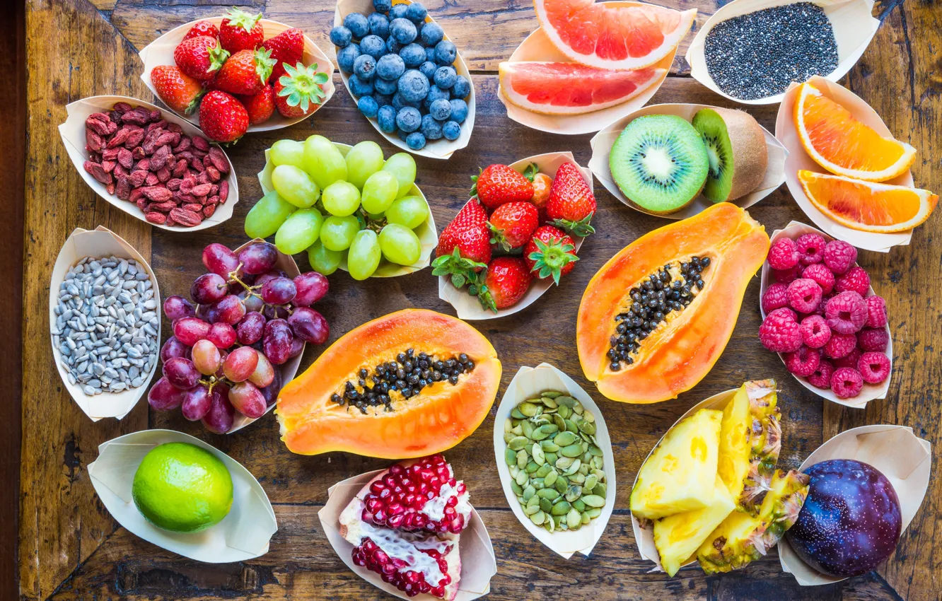 Photo wallpaper berries, raspberry, background, tree, orange, kiwi, strawberry, grapes