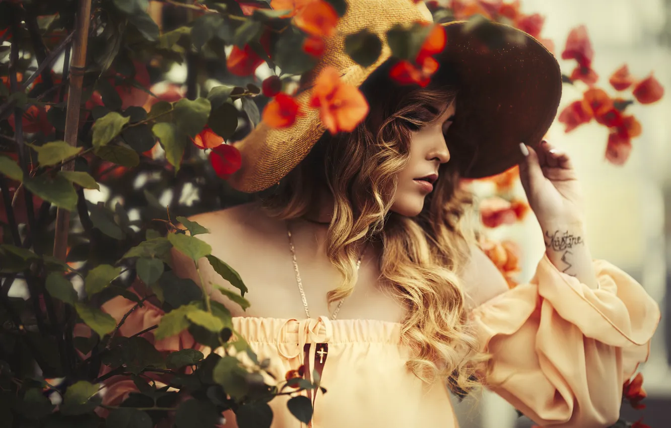 Photo wallpaper girl, flowers, nature, face, pose, hair, hat, tattoo