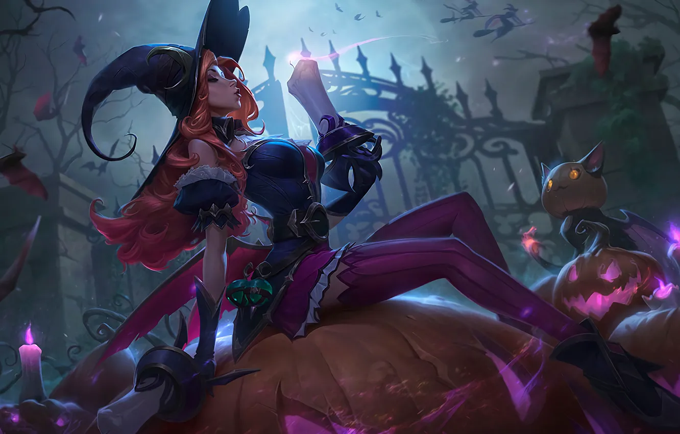 Photo wallpaper Halloween, fire, fantasy, game, stockings, night, redhead, League of Legends