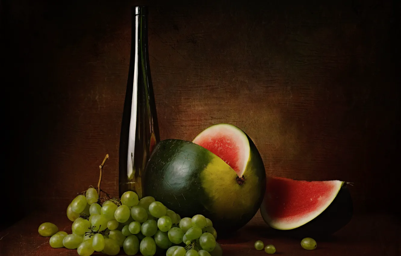 Photo wallpaper slices, the dark background, bottle, table, watermelon, green, wine, bunch of grapes