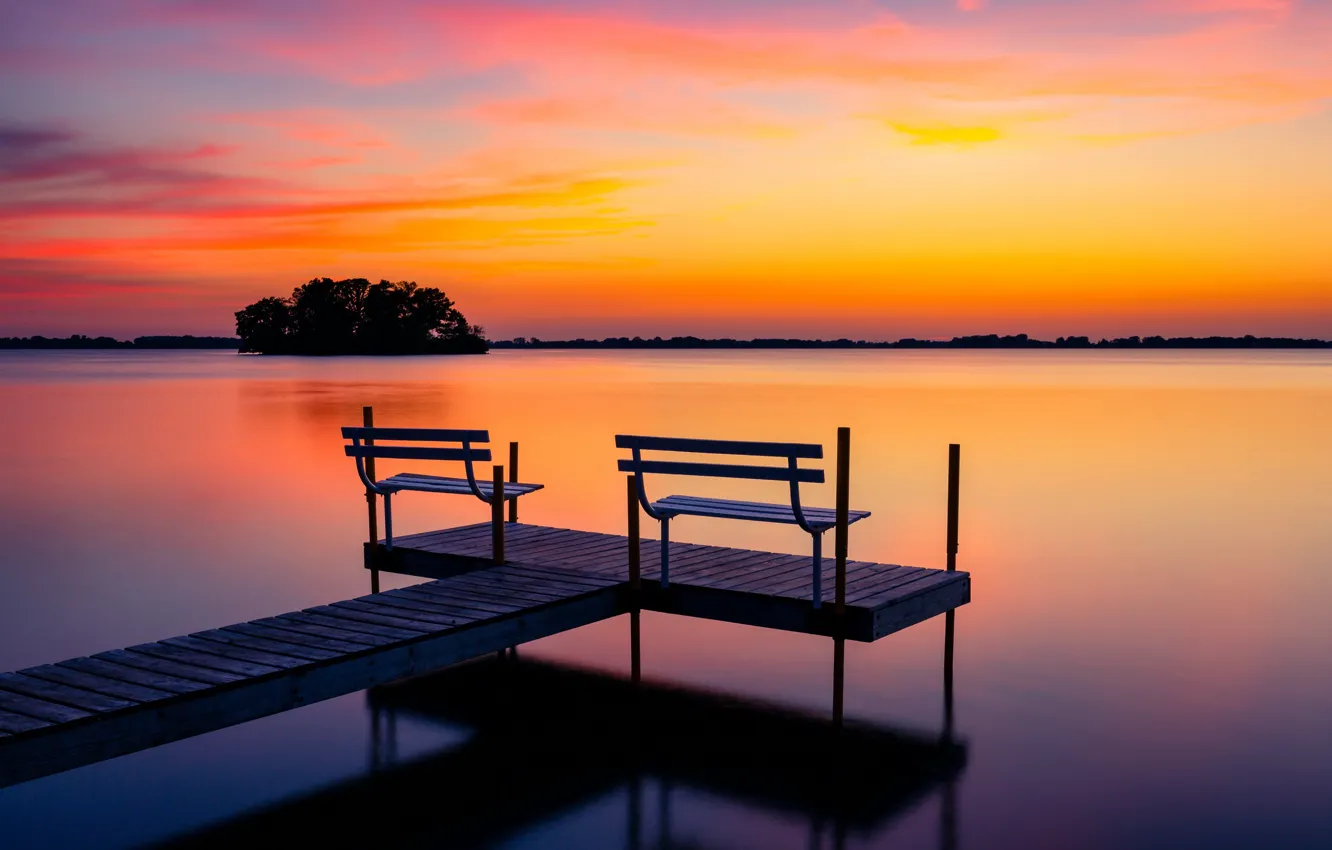 Photo wallpaper sunset, night, lake, bench