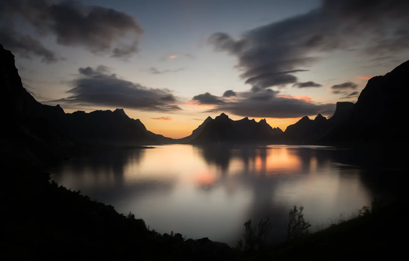 Photo wallpaper sea, clouds, sunset, mountains, Norway