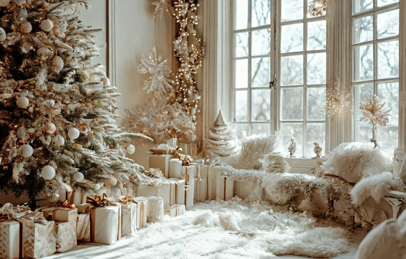 Photo wallpaper white, tree, new year, interior