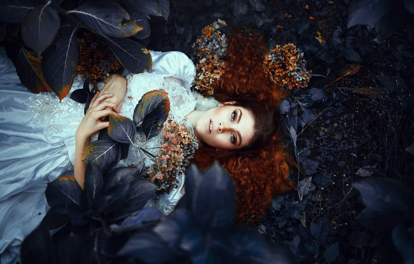 Photo wallpaper leaves, girl, stay, dress, curls, brown-eyed, Ronny Garcia, My own grave