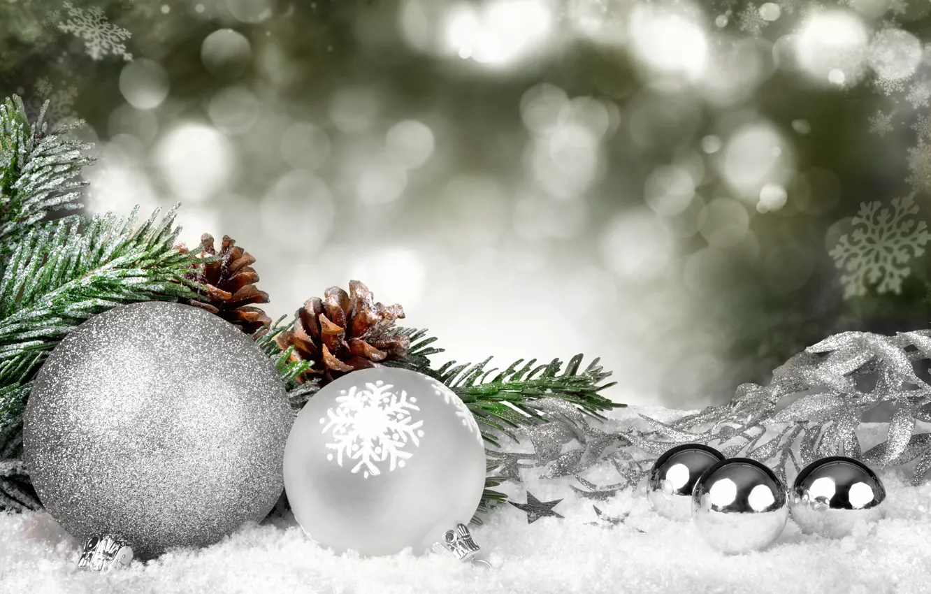 Photo wallpaper winter, snow, background, holiday, balls, new year, Smileus