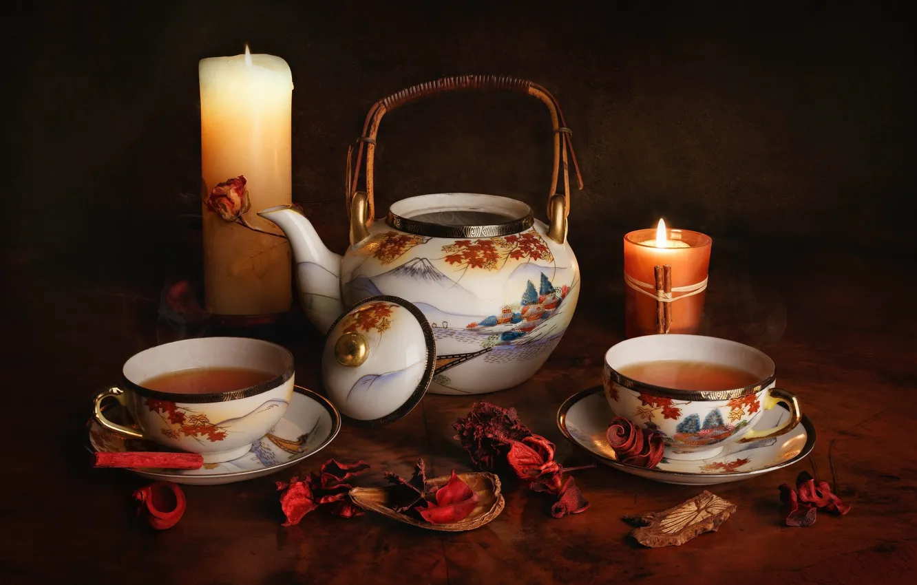 Photo wallpaper tea, candles, kettle, Cup, twilight
