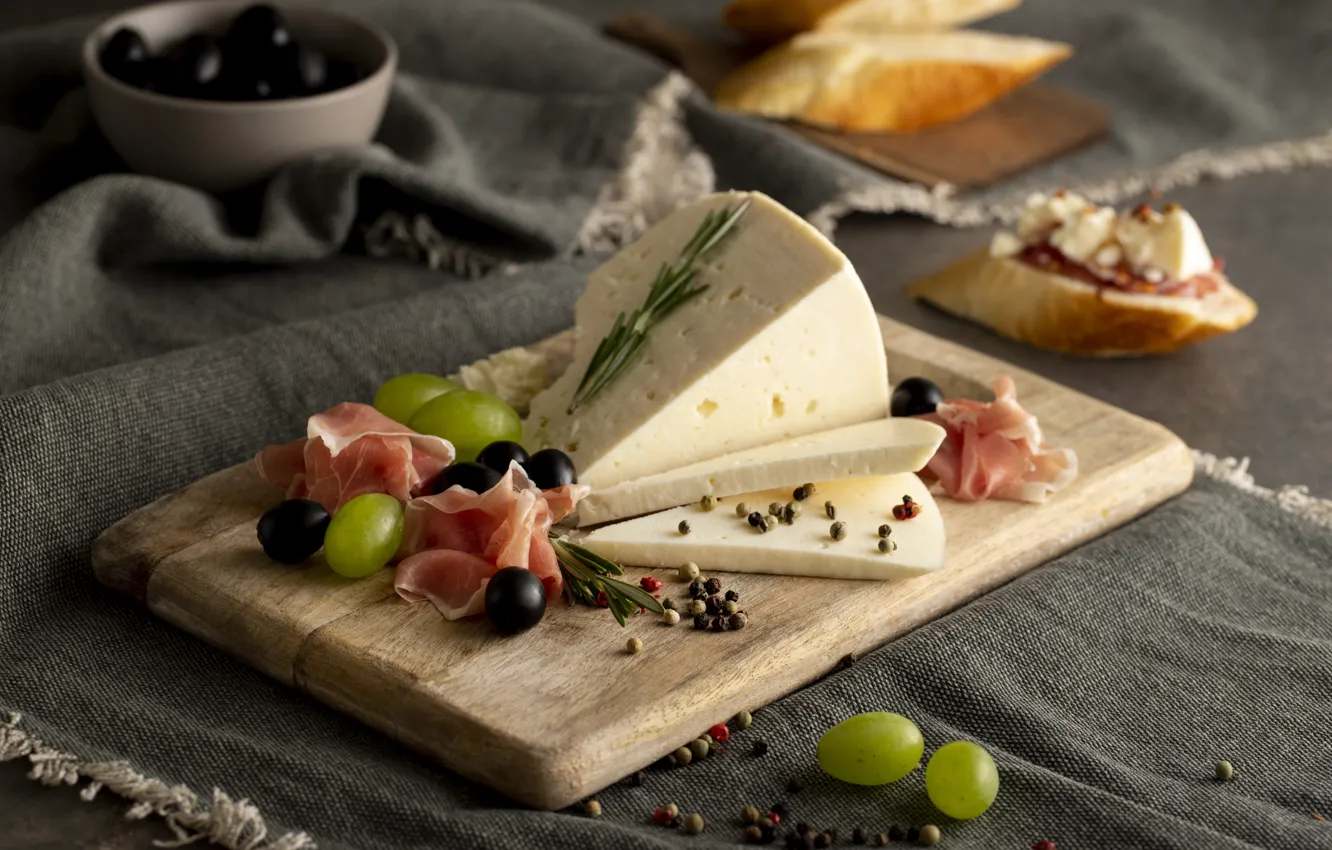 Photo wallpaper food, cheese, bread, grapes, meat, fabric, pepper, bowl