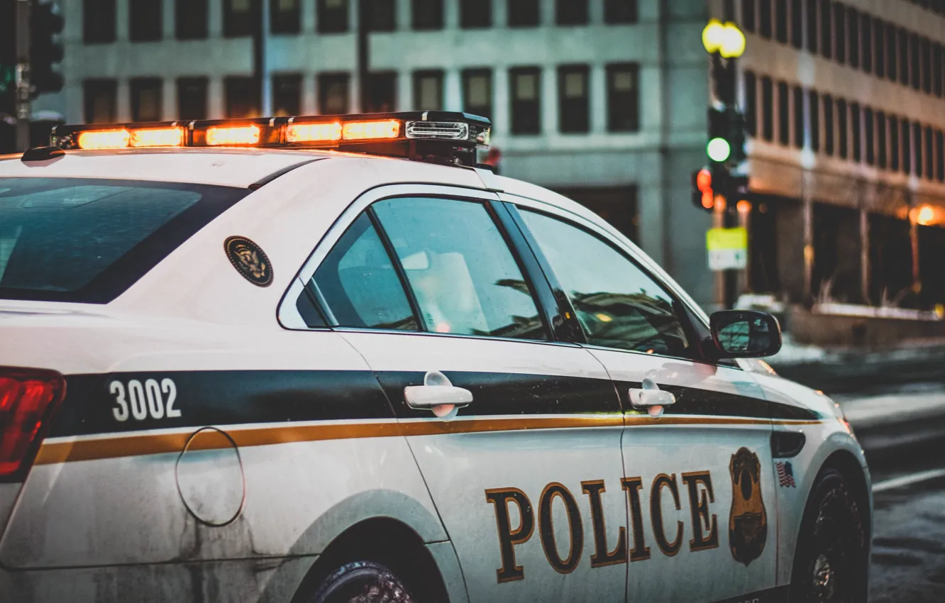 Photo wallpaper USA, United States, police, street, america, Washington, bokeh, cops