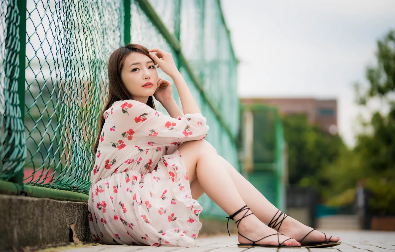 Photo wallpaper girl, the fence, legs, Asian, cutie, bokeh, dress