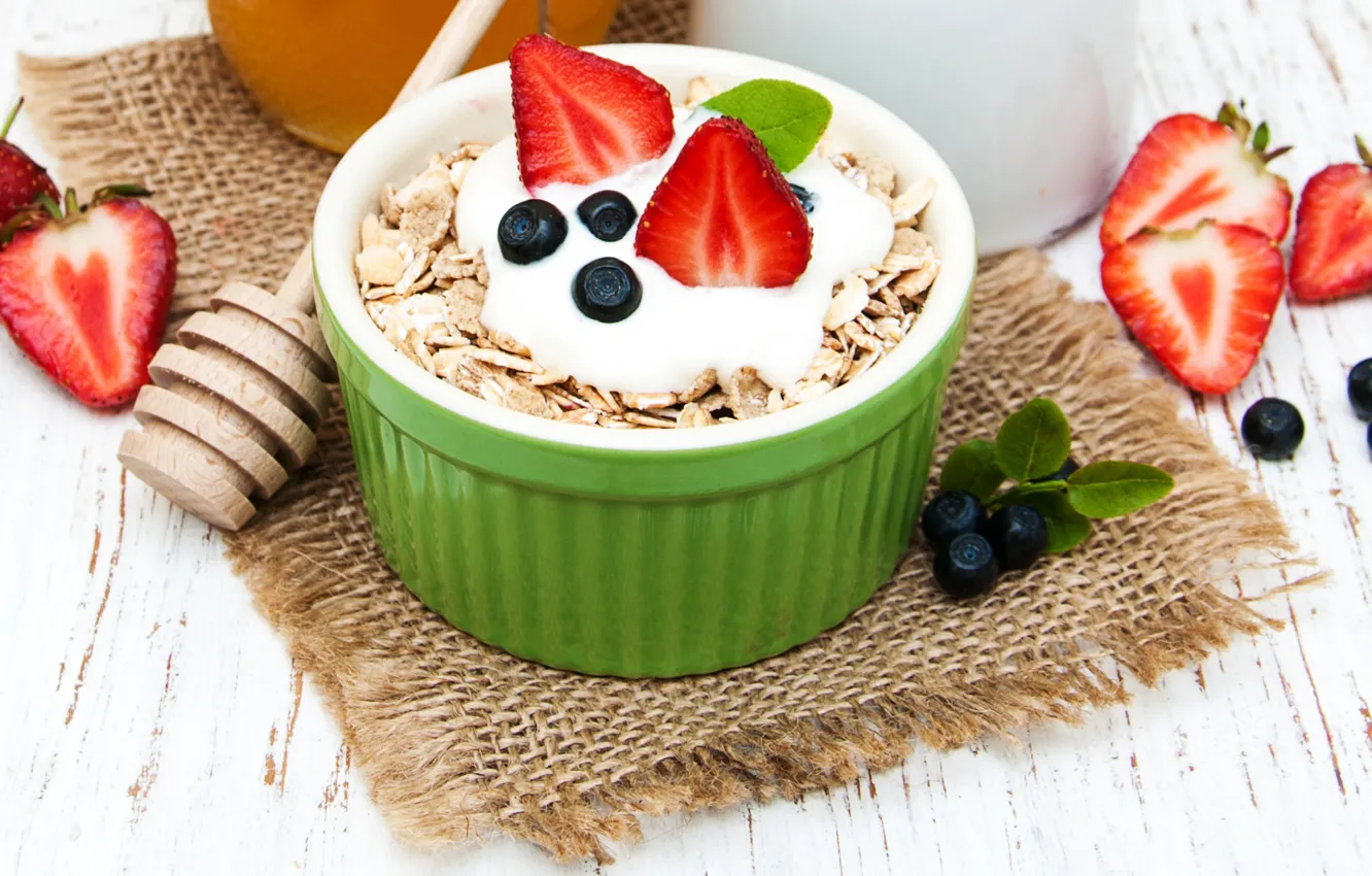 Photo wallpaper berries, Breakfast, dessert, cereal, yogurt