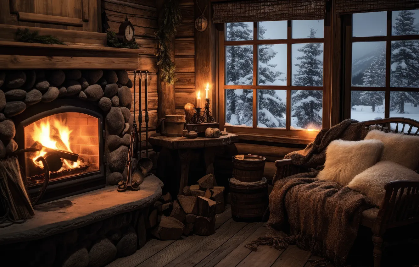 Photo wallpaper winter, snow, lights, comfort, room, sofa, the evening, candles