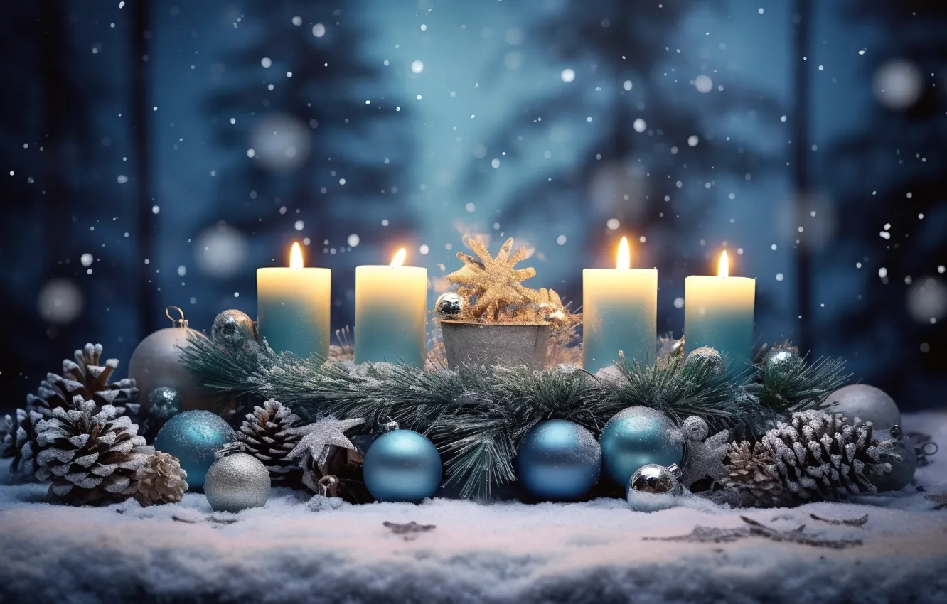 Photo wallpaper winter, snow, decoration, night, balls, tree, candles, New Year
