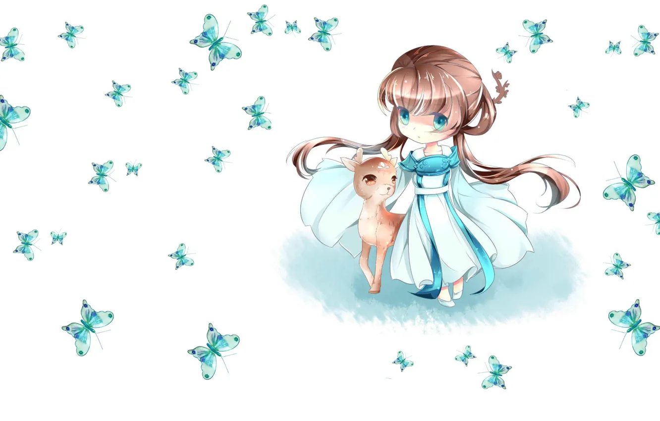 Photo wallpaper butterfly, anime, deer, art, girl, baby, children's