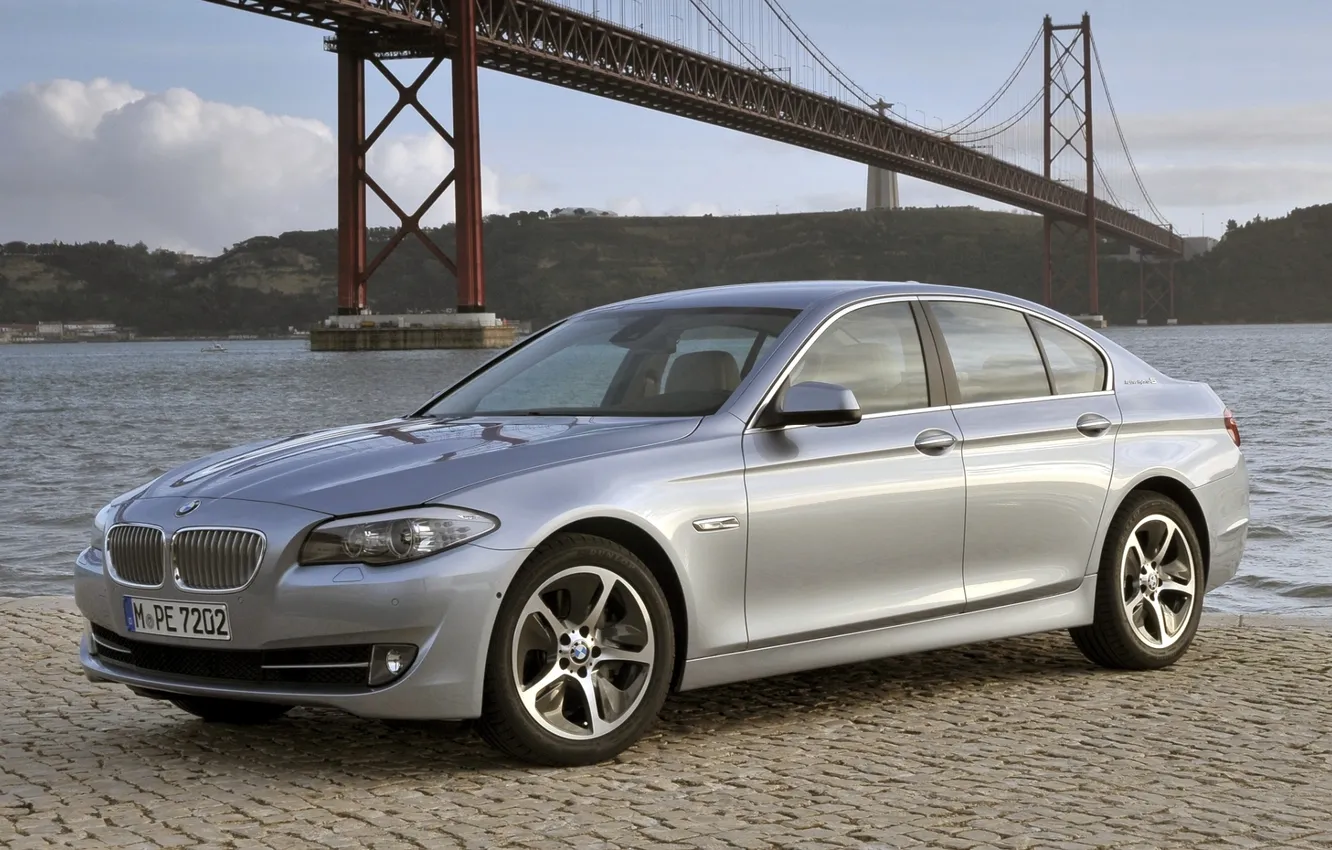 Photo wallpaper the sky, water, bridge, shore, BMW, BMW, statue, the front