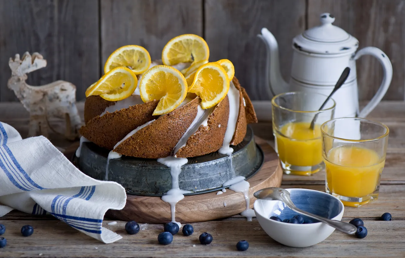 Photo wallpaper berries, lemon, kettle, cake, still life