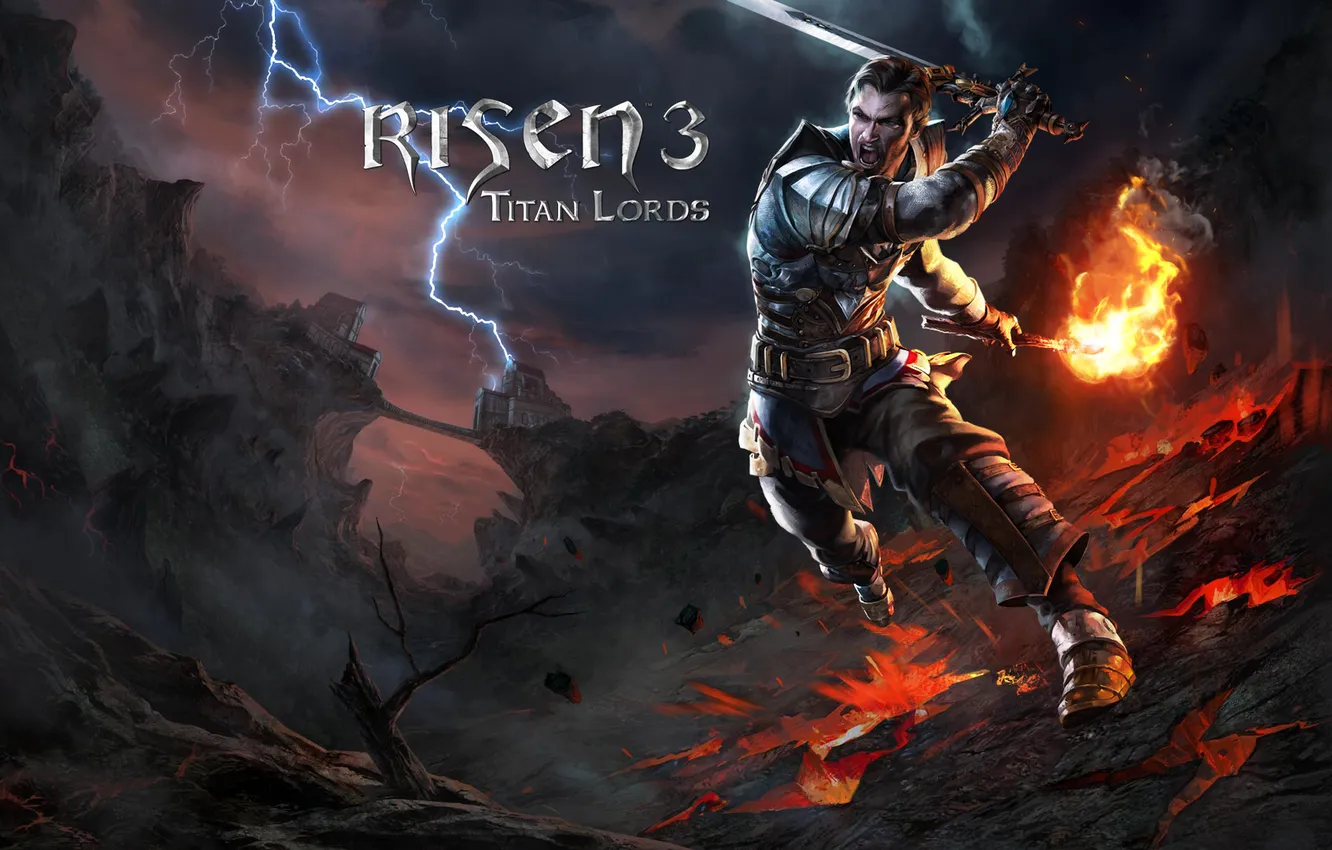 Photo wallpaper the sky, mountains, clouds, lights, cracked, lightning, sword, armor