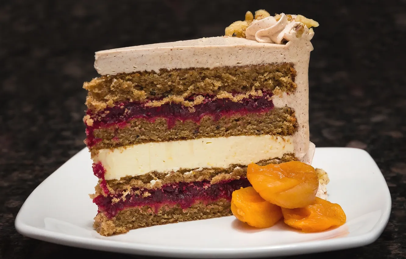 Photo wallpaper chocolate, cake, piece, dried apricots, layer