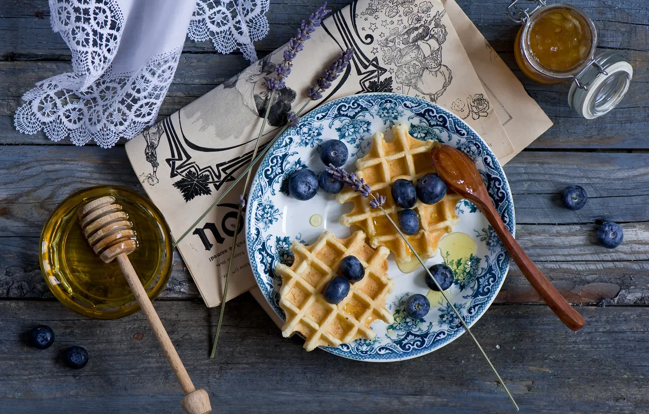 Photo wallpaper berries, blueberries, newspaper, honey, waffles, lavender, jam