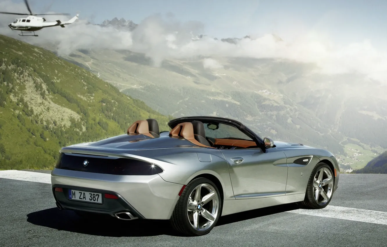 Photo wallpaper the sky, clouds, mountains, Roadster, silver, BMW, BMW, helicopter