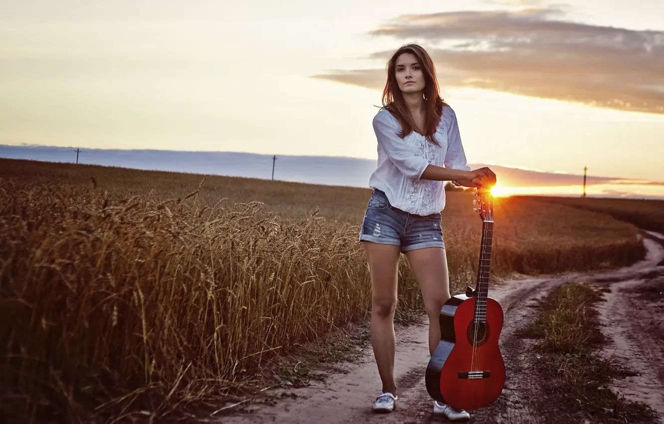 Photo wallpaper girl, sunset, guitar