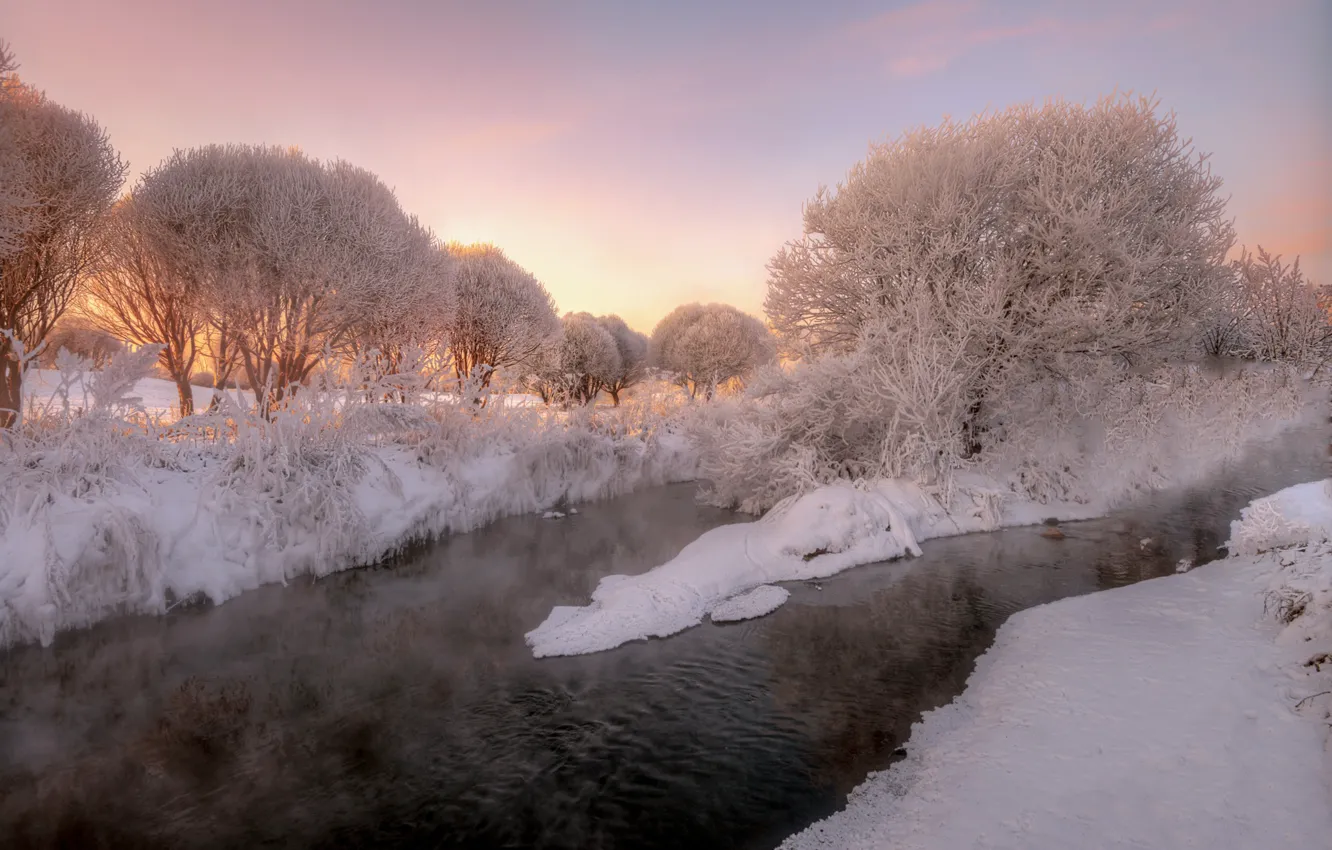 Photo wallpaper winter, frost, trees, river, dawn, frost, Eduard Gordeev